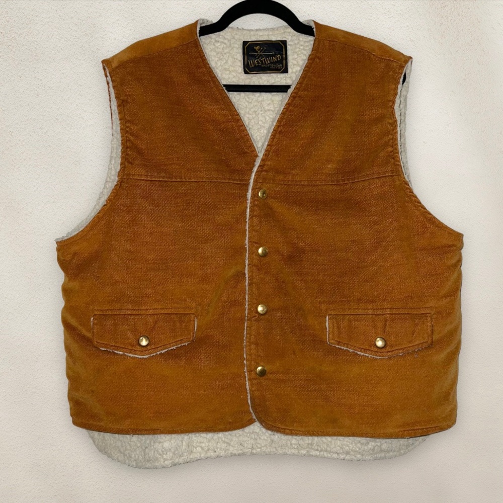 Vintage 70s Westwind Sportswear Vest USA Fleece Lined Snap Button Brown Size XL